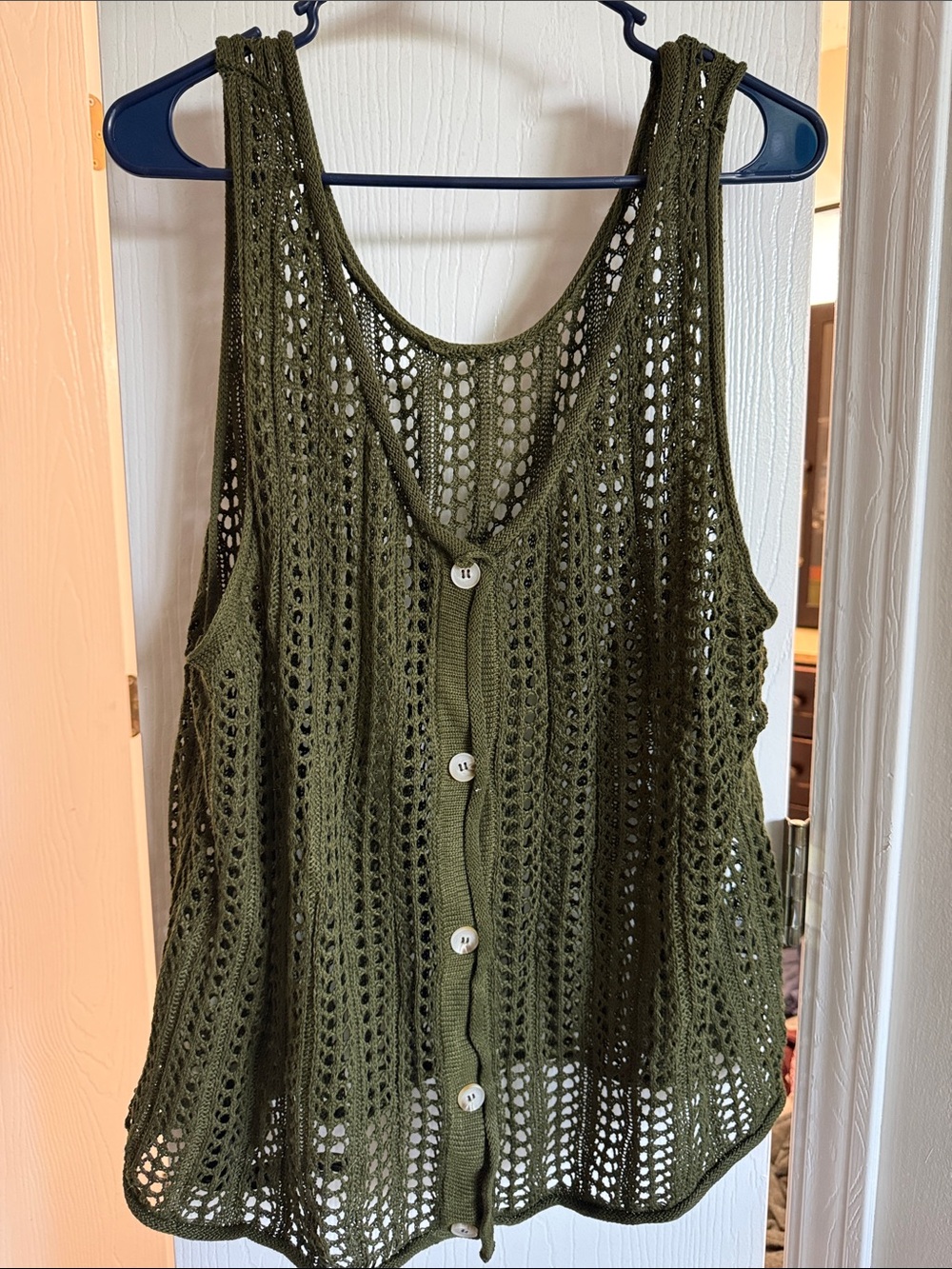Olive Green Crochet Button-Front Tank Top